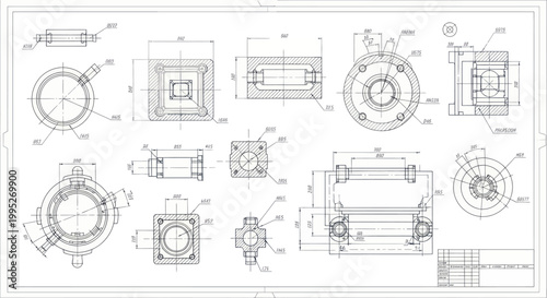 Detailed Engineering Blueprint with Multiple Views and Dimensions.