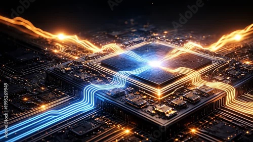 Glowing processor chip with blue and gold energy lines on circuit board, advanced computing technology concept, digital power, futuristic hardware.