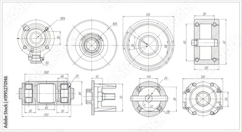 Detailed technical drawing of various mechanical components and engineering blueprints.
