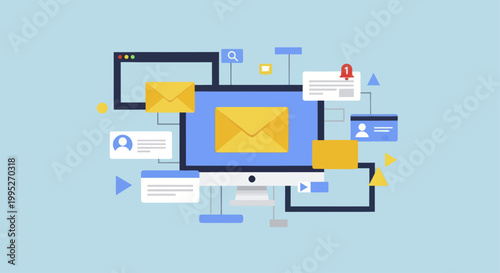 Email Marketing and Communication Concept with Computer Screen and Envelopes.