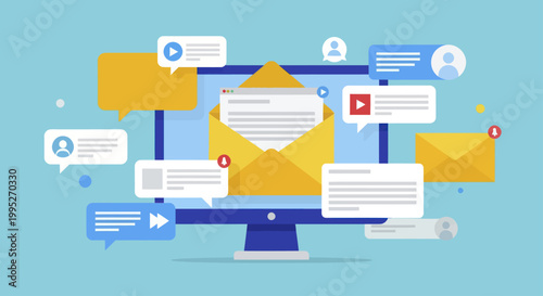 Email marketing and communication concept with computer screen and messages.