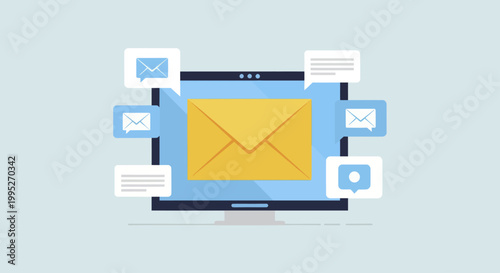 Email marketing and communication concept with laptop and various messages.