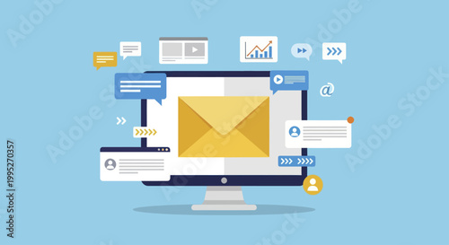 Email marketing and communication on a computer monitor.
