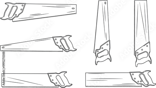 Hand drawn hand saw tools set with woodworking equipment in clean outline monochrome vector illustration collection for carpentry design