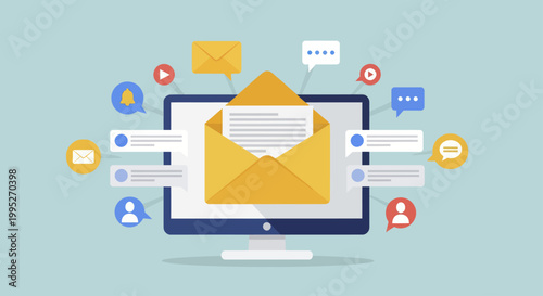 Email marketing and communication on a computer screen with various notification icons.