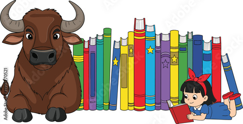 Cartoon bull with colorful books and girl reading illustration, education and learning concept with library elements and animal character vector design