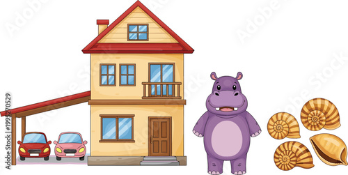 Cartoon house with garage and cars, cute hippopotamus character and seashells illustration set, home, animal and nature elements vector collection