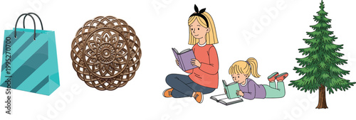 Shopping bag, mandala ornament, mother reading with child and pine tree illustration set, lifestyle, family and nature themed vector collection design