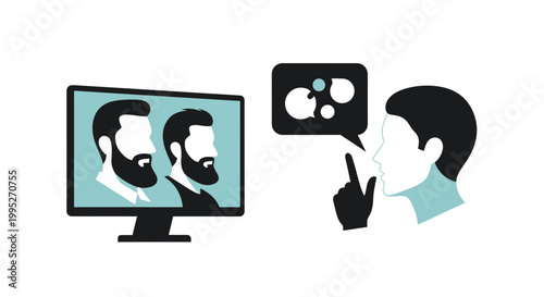 Minimalist Vector Illustration Showing Two Male Profiles On A Computer Screen And A Person In Silhouette Requesting Silence Or Secrecy.