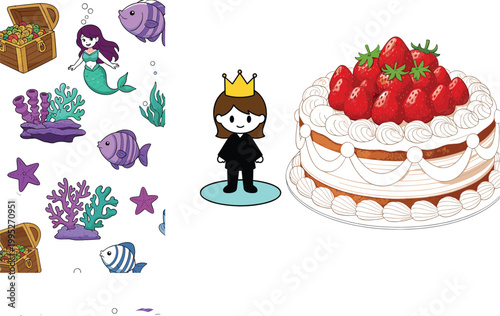 Cartoon mermaid underwater scene, princess character and strawberry cake illustration set, fantasy ocean elements and dessert themed vector collection design