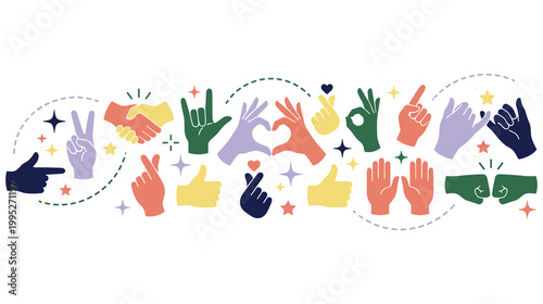 Colorful collection of hand gestures representing positive social communication style.