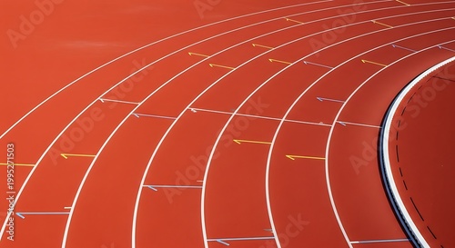 Athletic track lanes curved perspective, red running surface, white lines, sports competition concept