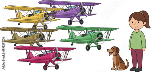 Vintage biplane airplanes set with colorful aircraft, girl and dog illustration, aviation and transport themed vector collection for kids design