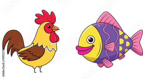 Cartoon rooster and colorful fish illustration set, farm bird and tropical aquatic animal characters for kids education and playful vector design