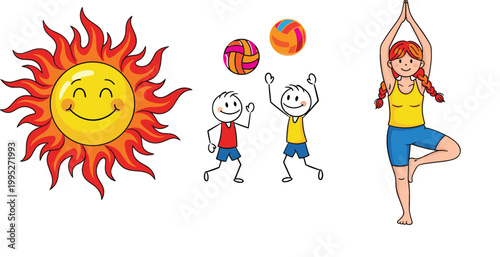 Cartoon sun, kids playing with ball and woman doing yoga illustration set, summer activity, fitness and healthy lifestyle vector collection design