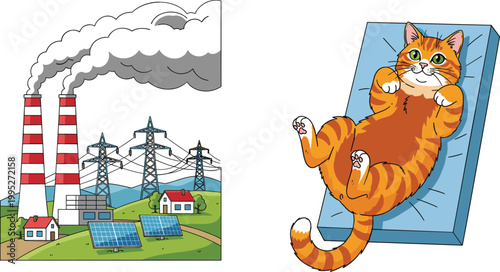 Industrial power plant pollution and renewable energy with solar panels, plus relaxing cat illustration set, environment and lifestyle themed vector design