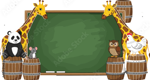 Cartoon classroom chalkboard with giraffes, panda, owl and farm animals on barrels illustration, kids education themed vector design with copy space