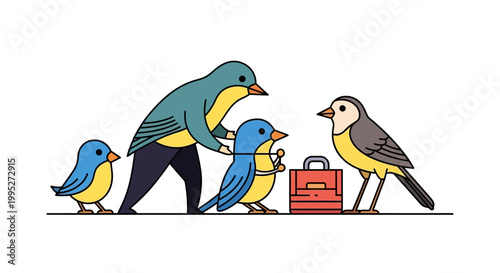 Family of Colorful Birds with Briefcase - A Cartoon Illustration.
