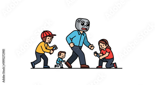 Cartoon Zombie Chased by Children with Toy Guns in Playful Scene.