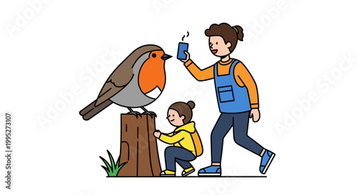 Family Capturing a Moment with a European Robin Bird in Nature.