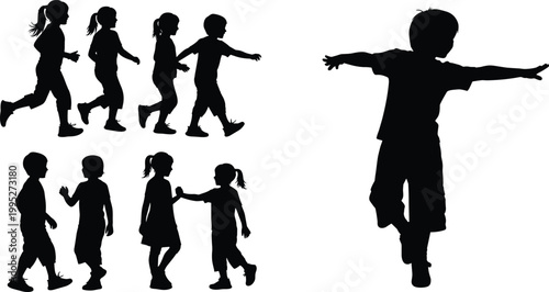 Children silhouette collection, kids running walking and playing, happy child activity poses, black shadow isolated on gray background