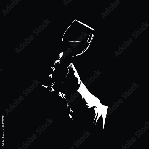 Silhouette illustration of a hand holding an elegant drinking glass on a dramatic black and white background