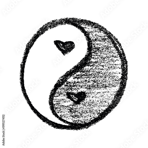 Hand drawn yin yang symbol with hearts Zen and Tao Harmony and balance Black and white yin and yang sign Taichi, Taoism, Buddhism, Japan, Chinese, Asian, yoga, meditation, karma, peace, dualism