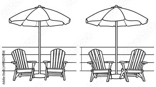 Two identical outdoor lounge chairs and umbrella line drawing on white background.