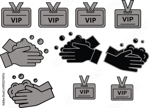 VIP badge and handwashing icons set featuring hygiene, exclusivity, safety, health protection, cleanliness, special access, professional design illustration concept