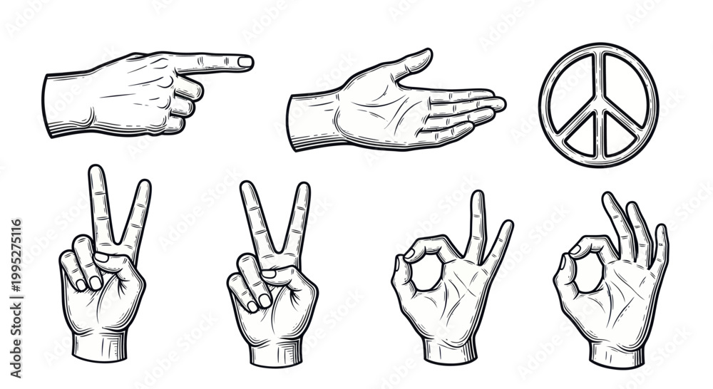 Fototapeta premium Collection of Hand Gestures and Peace Symbol Illustrations.