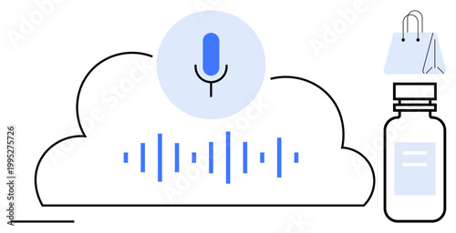 Artificial intelligence, voice search, online shopping, digital healthcare, cloud storage, speech recognition. Microphone icon on a cloud, soundwaves shopping bag and medicine bottle. Voice search