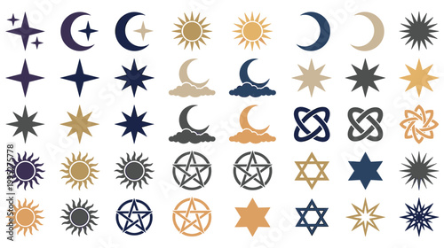Celestial symbols set containing sun moon and star icons for mystical astrology.
