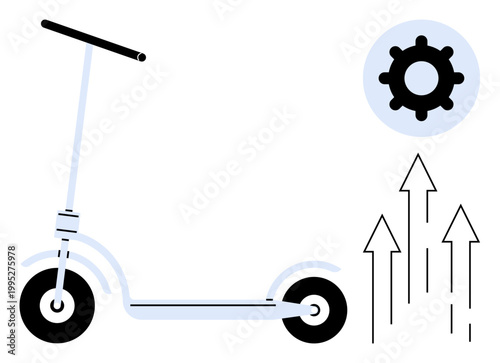 Electric scooter. Electric scooter eco-friendly transport and urban mobility. Electric scooter innovation highlighted with growth arrows and a gear symbol. For sustainability, technology
