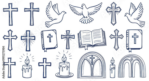 Collection of Religious Symbols and Icons Hand Drawn Style.