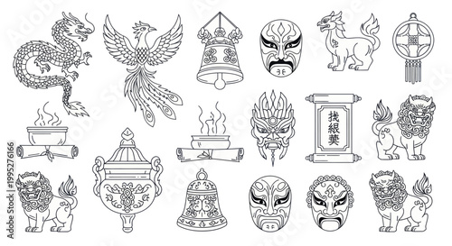 Collection of Traditional Chinese Cultural Symbols and Icons.