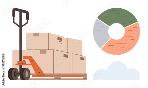 Logistics, supply chain, warehouse services, shipping, business growth, data analysis. Hand pallet truck with stacked boxes and a segmented pie chart. Logistics and supply chain concept