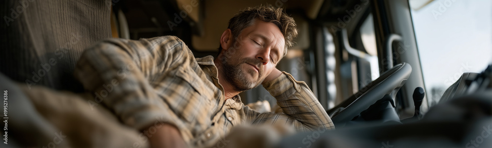 Obraz premium Weary Driver's Rest: A truck driver, exhausted from a long journey, finds solace in a moment of rest within the confines of his truck, the soft glow of the cabin enveloping him in a brief respite.
