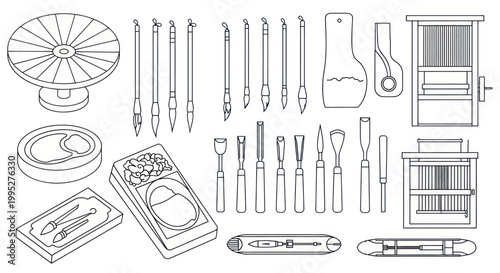 Collection of traditional Japanese woodworking tools and food items.