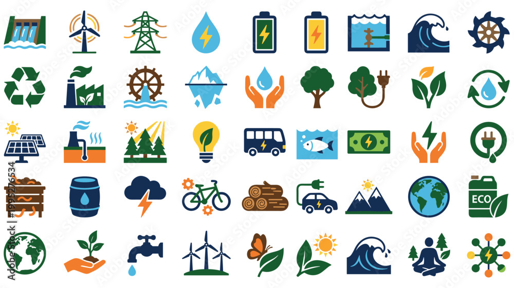 Fototapeta premium Set of ecology icons showing green energy, environment, and sustainable development.