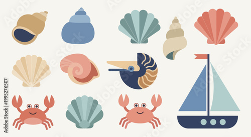 Collection of various seashells, crabs, and a sailboat illustration.