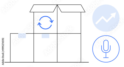E-commerce, shipping, logistics, sustainability, communication, business growth. Boxes stacked with a recycling symbol. Arrow growth and microphone e-commerce and logistics