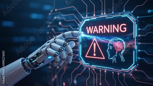 Artificial intelligence warning concept with robotic hand touching digital alert interface and cyber risk visualization