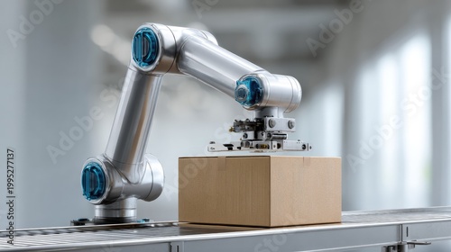 Modern robotic arm handling cardboard box on automated conveyor belt in industrial warehouse setting with blurred background for technology innovation