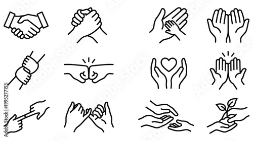 Set of human hands gestures for support care connection friendship and teamwork flat icons.
