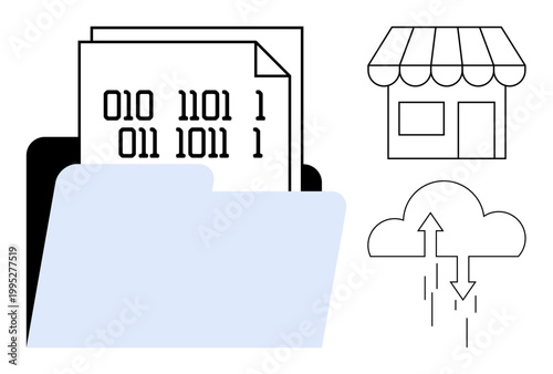 Data sharing concept. File folder containing binary code s data storage. Cloud upload and storefront icons data sharing integration. For technology, cloud computing, retail tech, ecommerce, digital