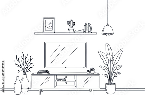 Minimalist living room sketch with entertainment unit and plants