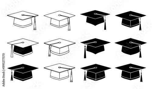 Graduation cap outline and silhouette black and white vector set with academic hat icons