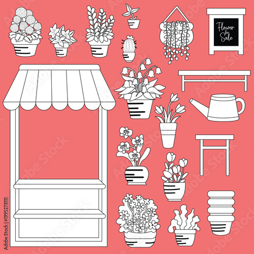 Digital stamp of flower booth sells various of flowers