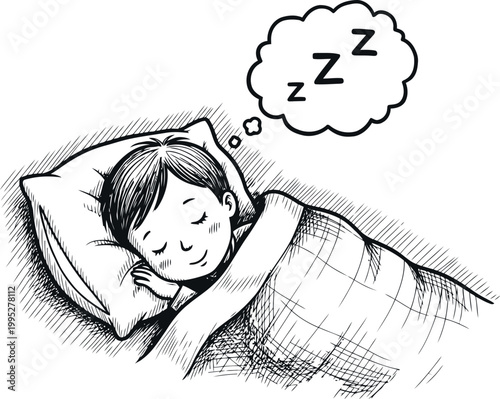 Child peacefully sleeping in bed with zzz s in a thought bubble
