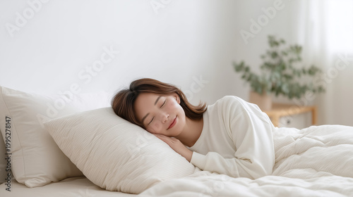 Serene Slumber: A peaceful scene of a person blissfully asleep on a comfortable bed, embracing a moment of tranquility and rest.